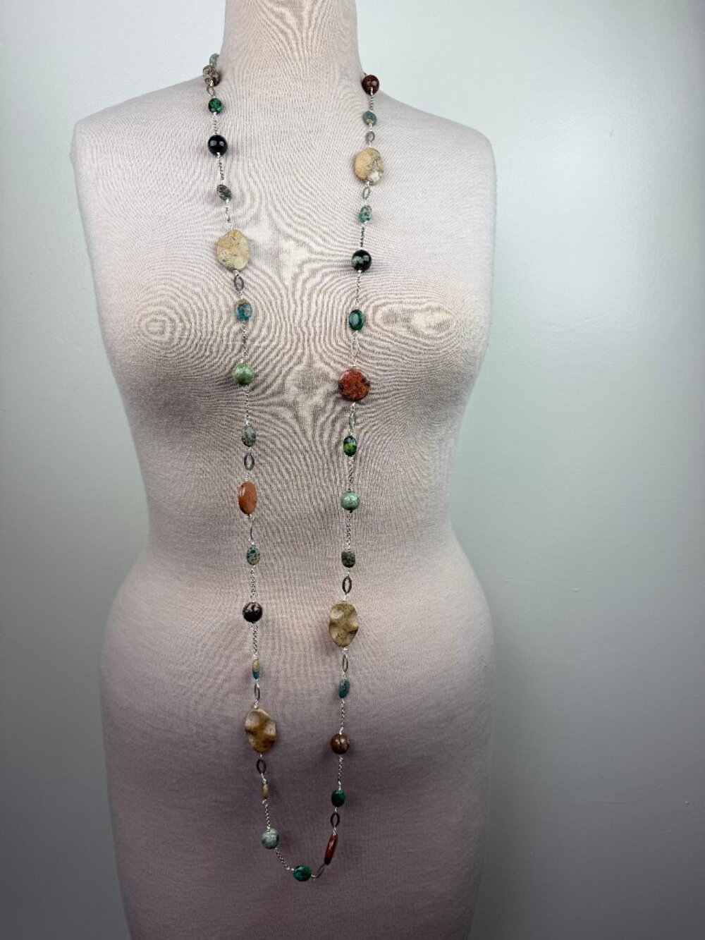 Multi Stone Silver Tone Link Chain Necklace LONG 66"
